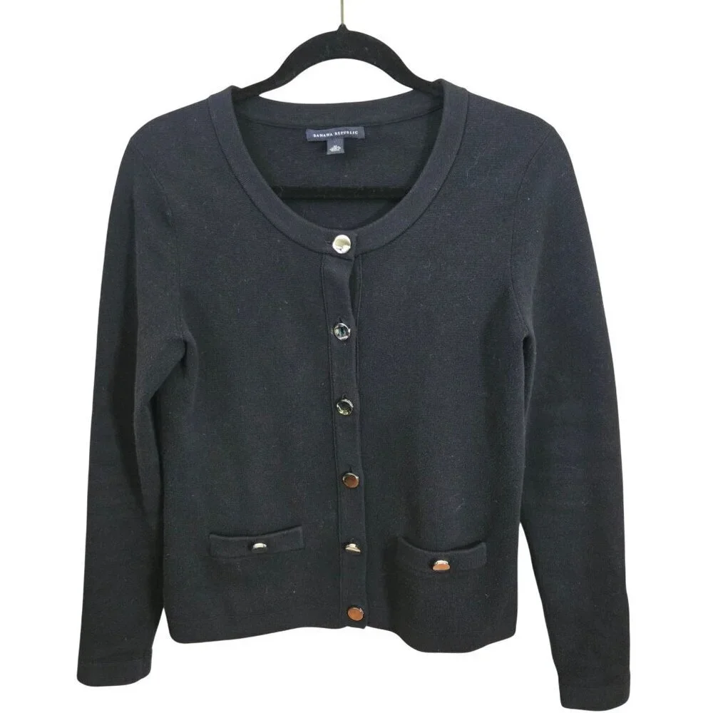 Banana Republic Ponte Knit Cardigan Sweater Black Silver Buttons Pockets Size M